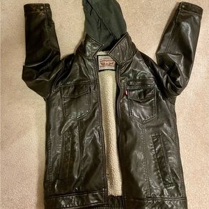 Levi's Mens Faux Leather Sherpa Lined Hooded Trucker Jacket Size Small